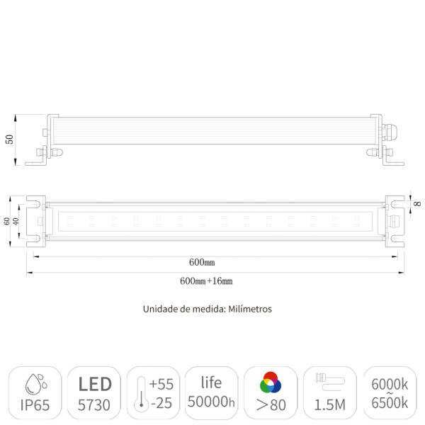 Luminária Led Industrial Para Máquinas e CNC 600mm 12-24 AC/DC