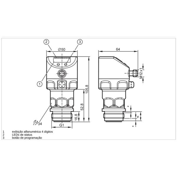 PI2794 IFM - Sensor de Pressão ifm Indústria Alimentícia Faceado, Display, IO-Link