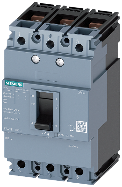 Disjuntor Caixa Moldada Tripolar Termomagnético Fixo 415VCA 100A 25KA 3VM10103ED320AA0 Siemens