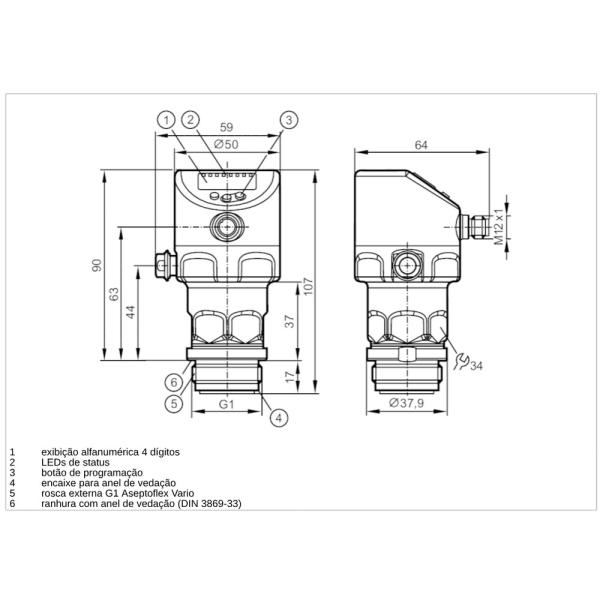 PI1709 IFM - Sensor de Pressão ifm com Display Indústria Alimentícia IO-Link -1 a 1 bar