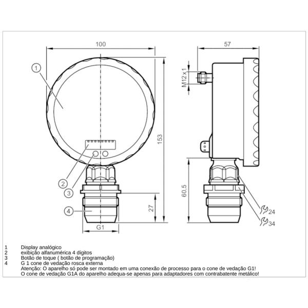 PG2894 IFM - Sensor de Pressão ifm Alinhamento Frontal -1 a 10 bar Analógico