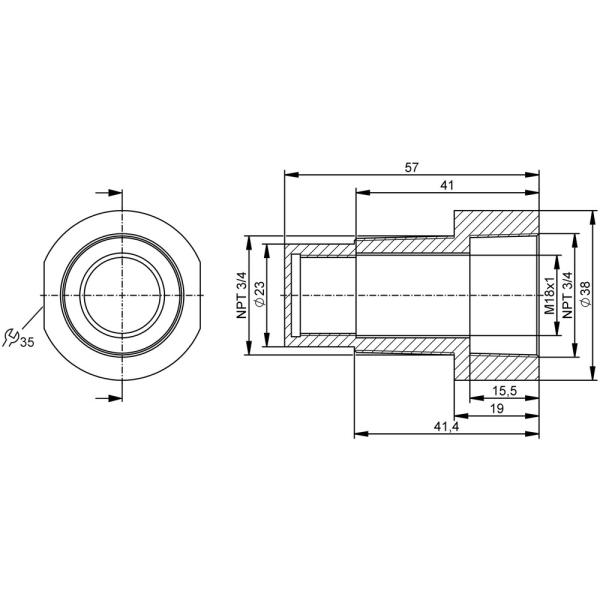 E19927 IFM - Adaptador de Instalação IFM Sensores Capacitivos M18 PTFE 3/4 NPT 57mm